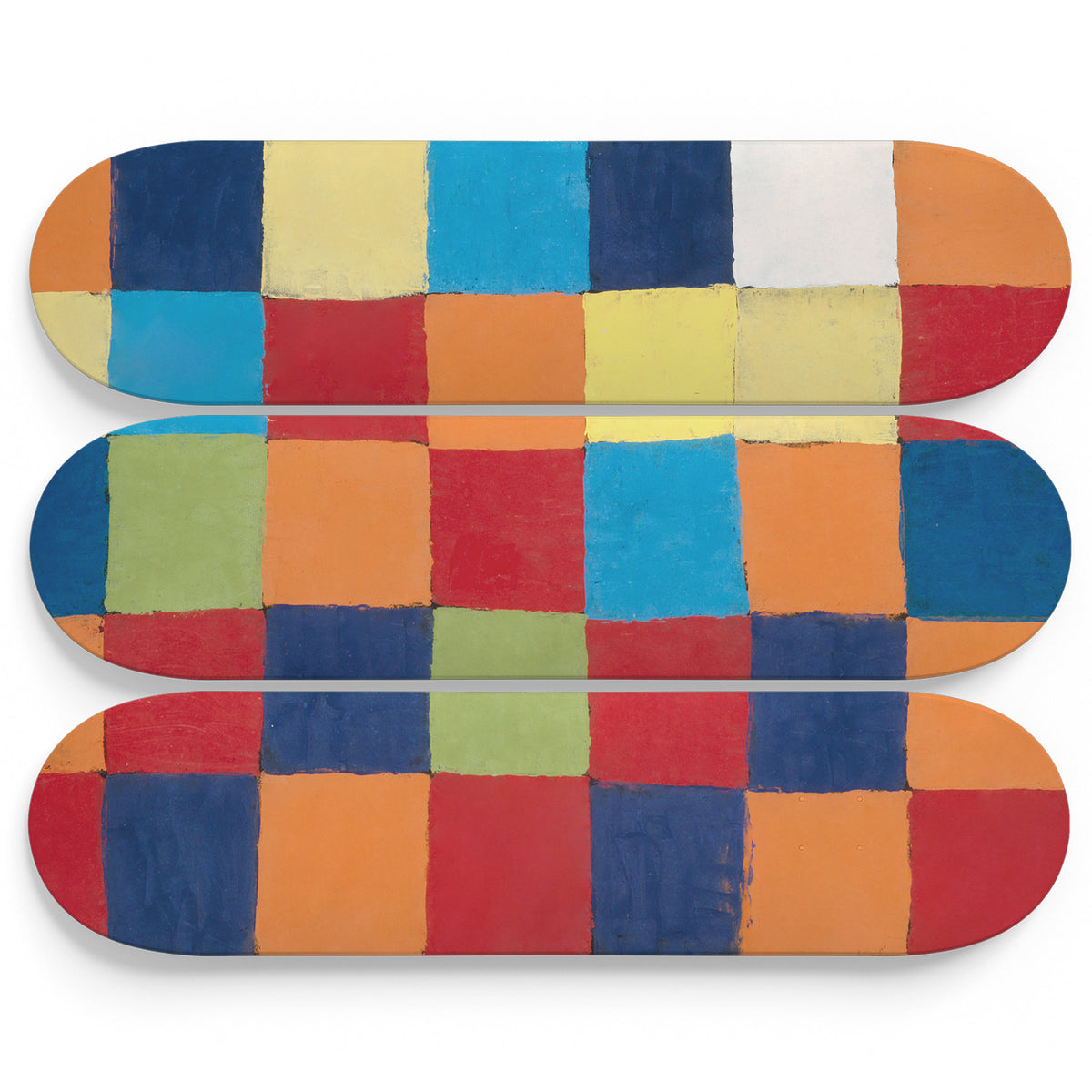 Colored Cubes by Paul Klee, triptych of three skateboard decks, abstract painting printed on 7-ply maple